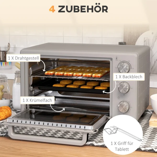 Kleine oven 21l, 100°c 230°c, 1 uur timer, met 3 kookmodi, draadrek, bakplaat, roestvrij staal, 46l x 38,5b x 29h cm, zilver 7