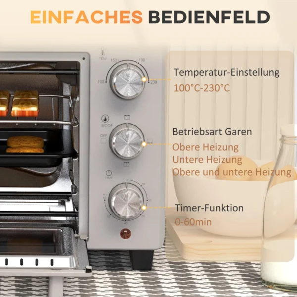 Kleine oven 21l, 100°c 230°c, 1 uur timer, met 3 kookmodi, draadrek, bakplaat, roestvrij staal, 46l x 38,5b x 29h cm, zilver 8