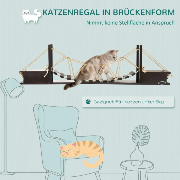 Klimmuur voor katten wandkrabpaal met hangbrug tot 5 kg wandmontage bruin 96x20x25,5 cm voor actief spelen en klimmen 5