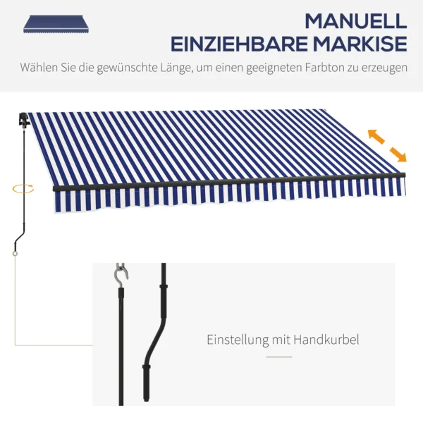 Knikarm zonnescherm met handslinger, 350 x 300 cm, uv30+ zonnescherm terras zonnescherm hoek 45 85°, balkon zonneschermen met waterdichte coating, wandmontage, blauw+wit 5