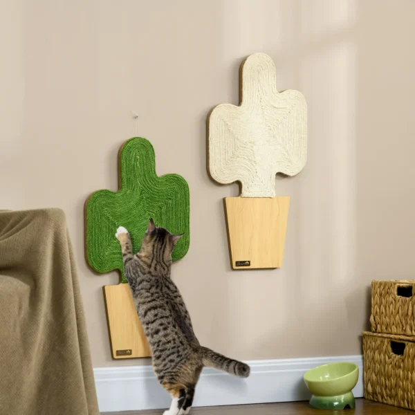 Krabmat wand 2 delige set bloempotvorm van jute touw met haak, cactus ontwerp, katten krabmat, wit+groen 30 x 60cm 2