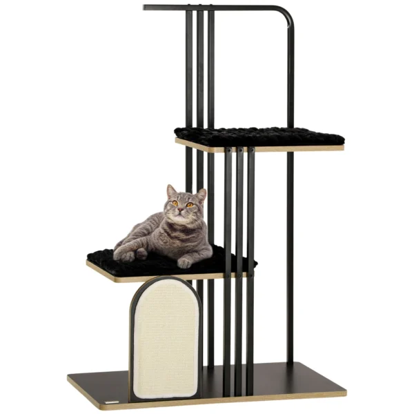 Krabpaal 128cm hoogwaardige kattenboom met kussen, krabplank, 2 platforms, kattenmeubels gemaakt van robuust staal in zwart 1