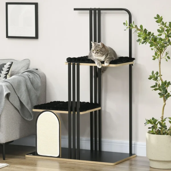 Krabpaal 128cm hoogwaardige kattenboom met kussen, krabplank, 2 platforms, kattenmeubels gemaakt van robuust staal in zwart 2