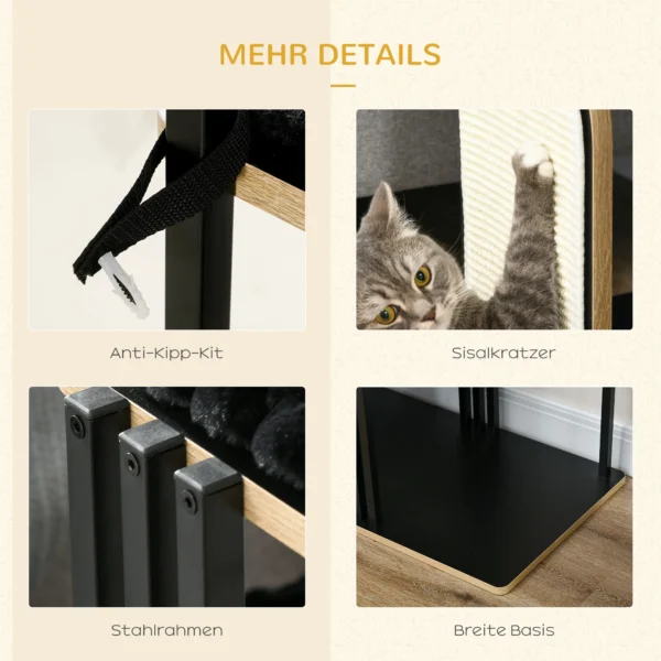 Krabpaal 128cm hoogwaardige kattenboom met kussen, krabplank, 2 platforms, kattenmeubels gemaakt van robuust staal in zwart 7