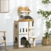 Krabpaal, 133 cm, kattenboom kattenkrabpaal met 2 kattenholletjes, met krabstammen, kussen, speelbal, kattenmeubilair, binnen, eiken+wit 2