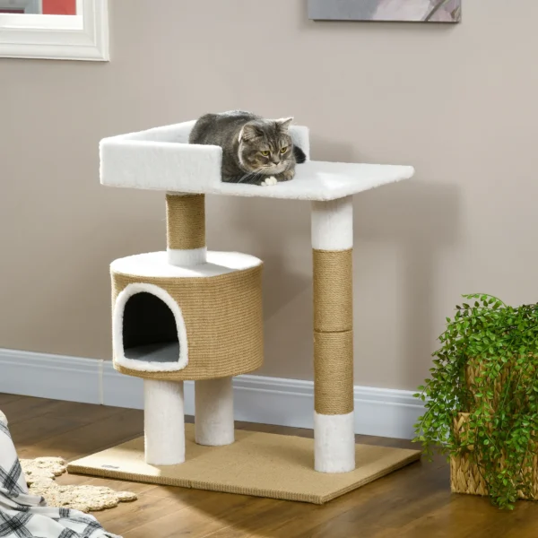 Krabpaal 79cm kleine kattenboom met kattenhol & ligruimte voor katten tot 8kg van jute in bruin/wit 2