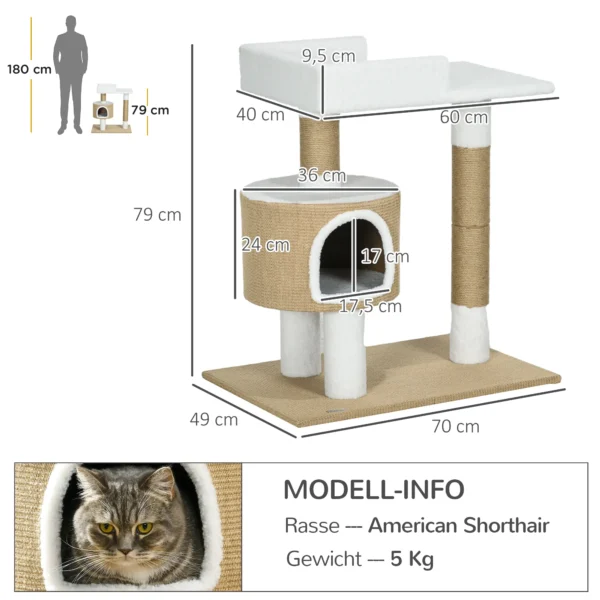 Krabpaal 79cm kleine kattenboom met kattenhol & ligruimte voor katten tot 8kg van jute in bruin/wit 4