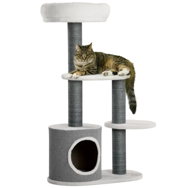Krabpaal 98cm stabiele kattenboom met krabplank, kattenhol & 3 platformen, grijze en witte kattenmeubels 1