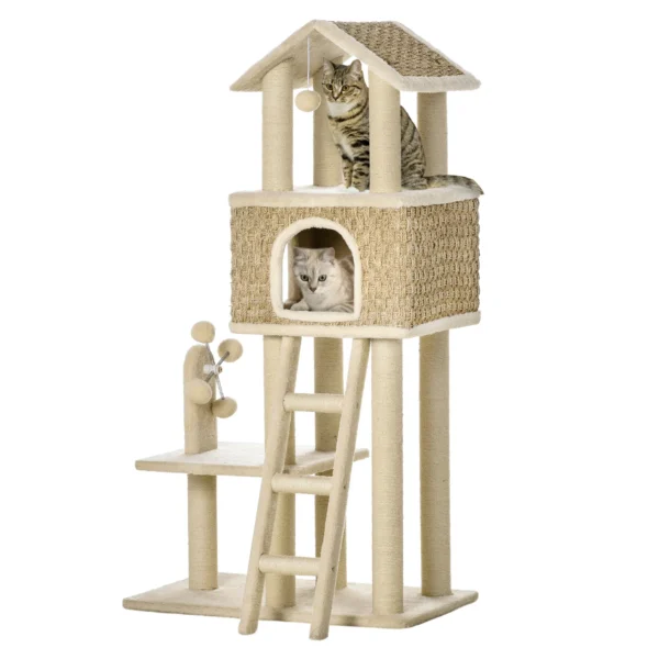 Krabpaal grote kattenboom 130cm, met kattenhol & speelballen, jutepalen, khaki+beige, spaanplaat pluche 1