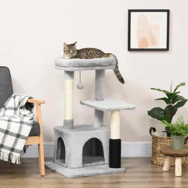 Krabpaal met wasbaar kattenbed, kattenboom met kattenbak, speelgoed, lichtgrijs, 48x48x85cm 2