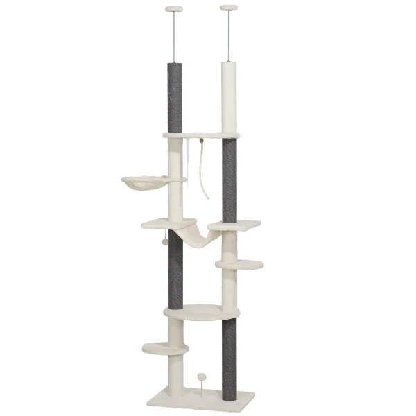 Krabpaal plafondhoog, kattenboom, 225 255 cm kattenkrabpaal met hangmatten, krabstammen, mand, speelbal, kattenmeubels met kiepbeveiliging, wit 1