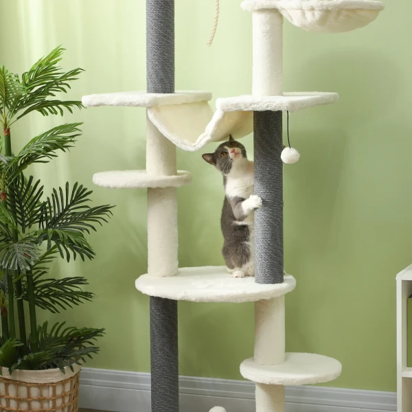 Krabpaal plafondhoog, kattenboom, 225 255 cm kattenkrabpaal met hangmatten, krabstammen, mand, speelbal, kattenmeubels met kiepbeveiliging, wit 10