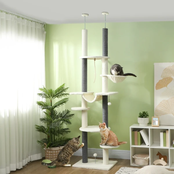 Krabpaal plafondhoog, kattenboom, 225 255 cm kattenkrabpaal met hangmatten, krabstammen, mand, speelbal, kattenmeubels met kiepbeveiliging, wit 2