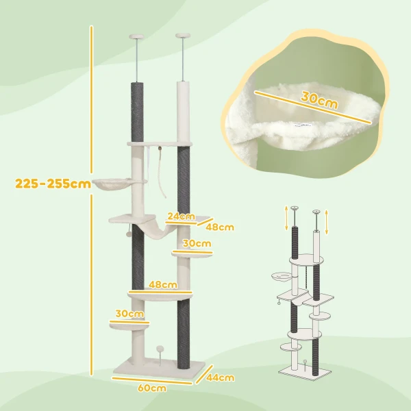 Krabpaal plafondhoog, kattenboom, 225 255 cm kattenkrabpaal met hangmatten, krabstammen, mand, speelbal, kattenmeubels met kiepbeveiliging, wit 4