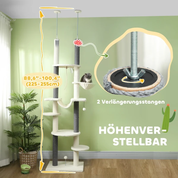 Krabpaal plafondhoog, kattenboom, 225 255 cm kattenkrabpaal met hangmatten, krabstammen, mand, speelbal, kattenmeubels met kiepbeveiliging, wit 5
