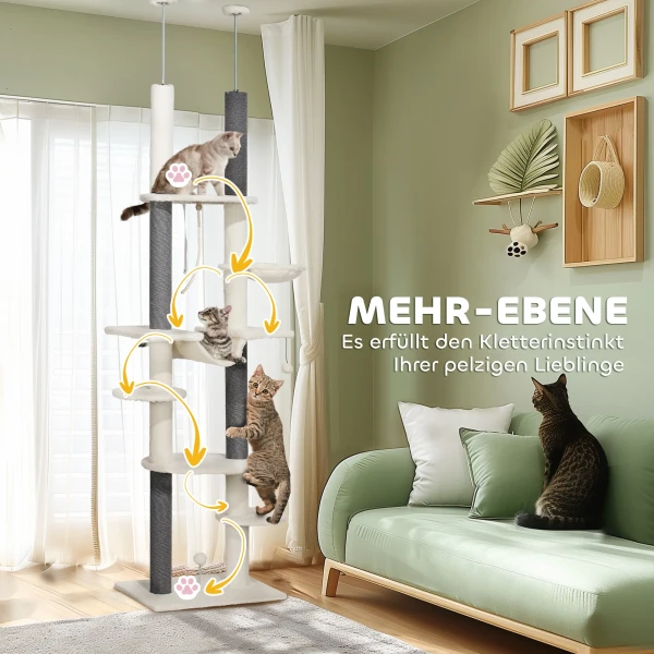 Krabpaal plafondhoog, kattenboom, 225 255 cm kattenkrabpaal met hangmatten, krabstammen, mand, speelbal, kattenmeubels met kiepbeveiliging, wit 7