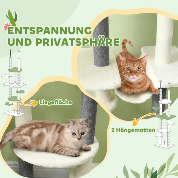 Krabpaal plafondhoog, kattenboom, 225 255 cm kattenkrabpaal met hangmatten, krabstammen, mand, speelbal, kattenmeubels met kiepbeveiliging, wit 8