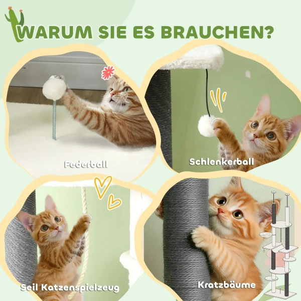 Krabpaal plafondhoog, kattenboom, 225 255 cm kattenkrabpaal met hangmatten, krabstammen, mand, speelbal, kattenmeubels met kiepbeveiliging, wit 9
