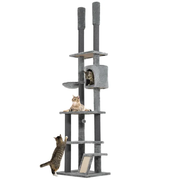 Krabpaal plafondhoog, kattenboom, 225 255 cm kattenkrabpaal met kattenhol, krabstammen, mand, speelbal, kattenmeubels met kantelbeveiliging, grijs 1