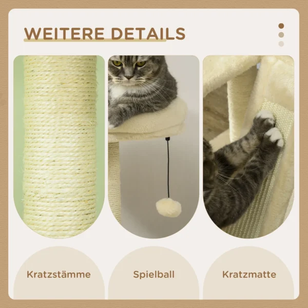 Krabpaal van hout 141,5 cm sisal kattenboom met kattenhol, kattenspeelgoed, kattenkrabpaal met hangend bed, klimboom met 2 platforms, kitten meubels, beige 7