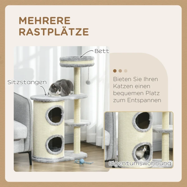 Krabpaal voor katten met 2 grotten, sisal touw palen, meerdere platformen, zachte pluche en bal speelgoed, grijs 59x35x100 cm 5