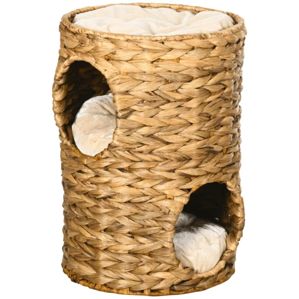 Krabton 47 cm kattentoren met 2 niveaus en kussen van waterhyacint & staal, lichtbruin, ideaal voor katten 1