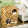 Krabton 55 cm hoog met 2 grotten en kussen, krabpaal met kattenbed, kattentoren gemaakt van waterhyacintgras, lichtbruin 7