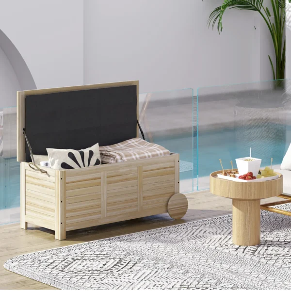 Kussenbox 185 l opslagruimte waterdicht tuinbox met wielen hout weerbestendig uv bestendig kussenbox opbergbox tuinkist voor buiten tuin balkon natuurhout 2