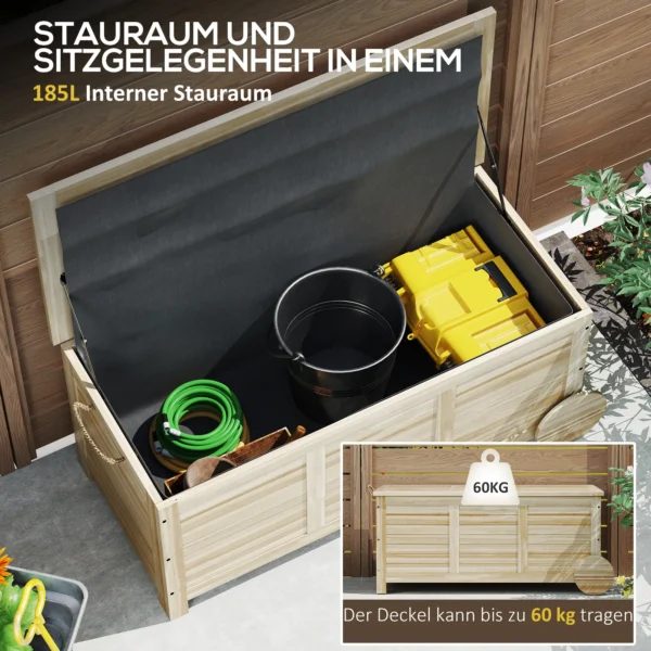 Kussenbox 185 l opslagruimte waterdicht tuinbox met wielen hout weerbestendig uv bestendig kussenbox opbergbox tuinkist voor buiten tuin balkon natuurhout 5