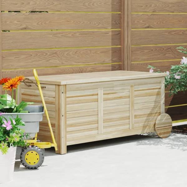 Kussenbox 185 l opslagruimte waterdicht tuinbox met wielen hout weerbestendig uv bestendig kussenbox opbergbox tuinkist voor buiten tuin balkon natuurhout 9
