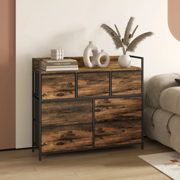 Ladekast sideboard 7 stoffen laden handvat plank opslagkast stalen frame industriële stijl slaapkamer rustiek bruin 2