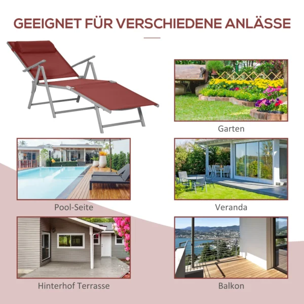 Ligstoel voor balkon, 1 st, 137 x 63,5 x 100,5 cm, met hoofdkussen, 5 traps verstelbare rugleuning, texteline, alu, wijnrood 8