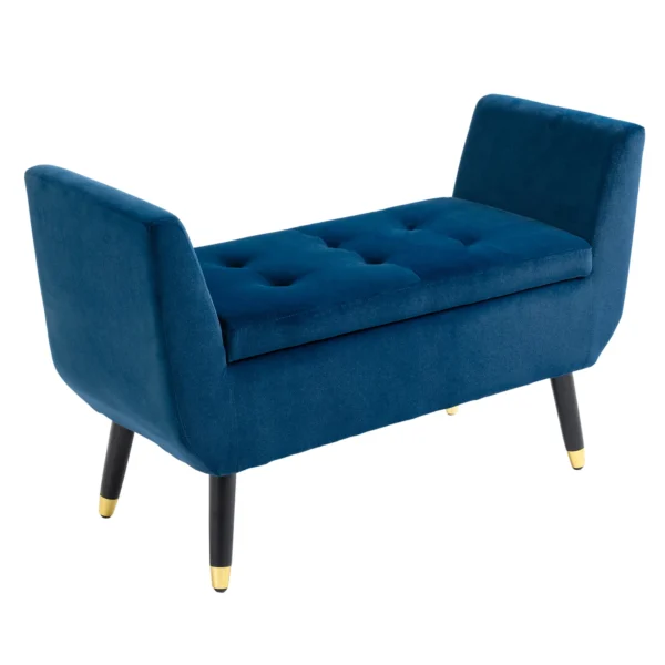 Luxe zitbank met opbergruimte, gestoffeerde bank blauw van fluweelachtig polyester, rubberhout, met armleuningen, 107x42x65cm voor woonkamer & gang 1