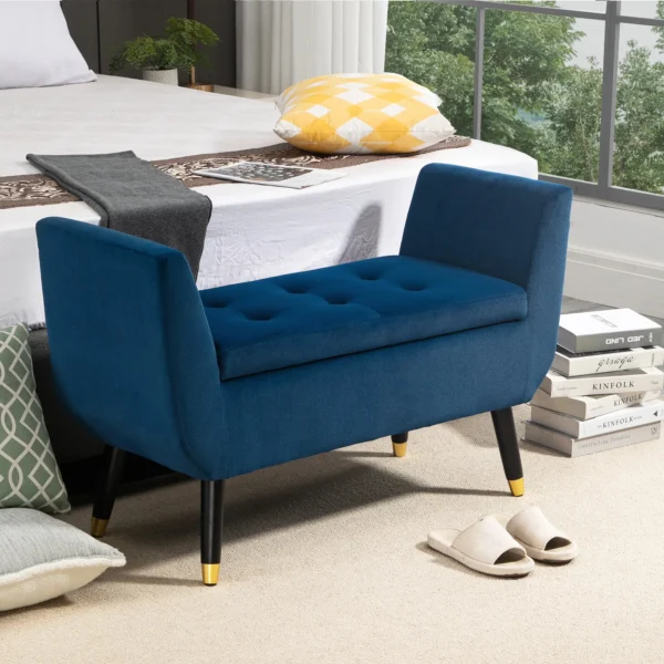 Luxe zitbank met opbergruimte, gestoffeerde bank blauw van fluweelachtig polyester, rubberhout, met armleuningen, 107x42x65cm voor woonkamer & gang 2