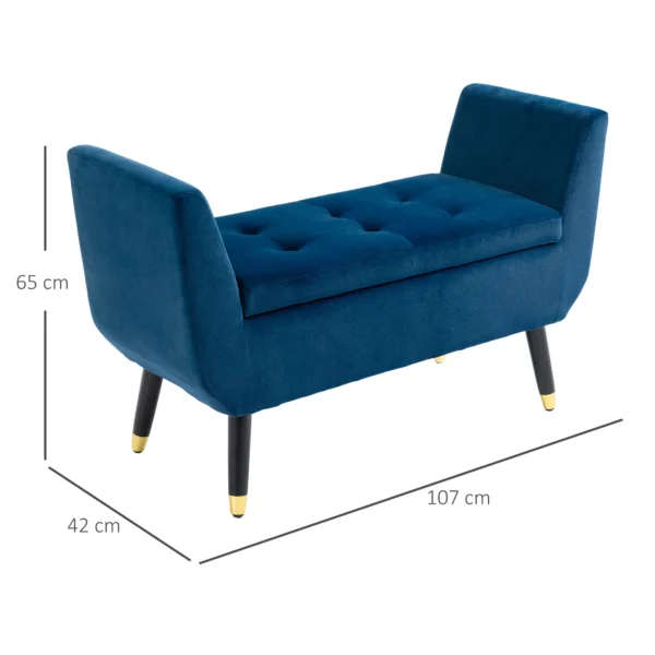 Luxe zitbank met opbergruimte, gestoffeerde bank blauw van fluweelachtig polyester, rubberhout, met armleuningen, 107x42x65cm voor woonkamer & gang 4