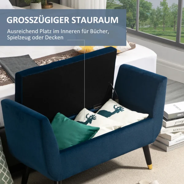 Luxe zitbank met opbergruimte, gestoffeerde bank blauw van fluweelachtig polyester, rubberhout, met armleuningen, 107x42x65cm voor woonkamer & gang 5