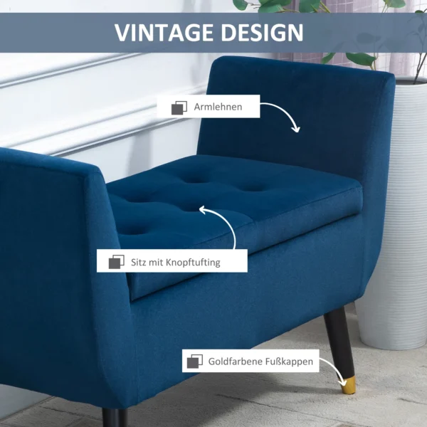 Luxe zitbank met opbergruimte, gestoffeerde bank blauw van fluweelachtig polyester, rubberhout, met armleuningen, 107x42x65cm voor woonkamer & gang 7
