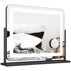 Make up spiegel met verlichting, led cosmetische spiegel met 3 lichtkleuren, tafelspiegel met 10x vergroting, mobiele telefoonhouder, usb oplaadpoort, 360° draaibaar, zwart 1