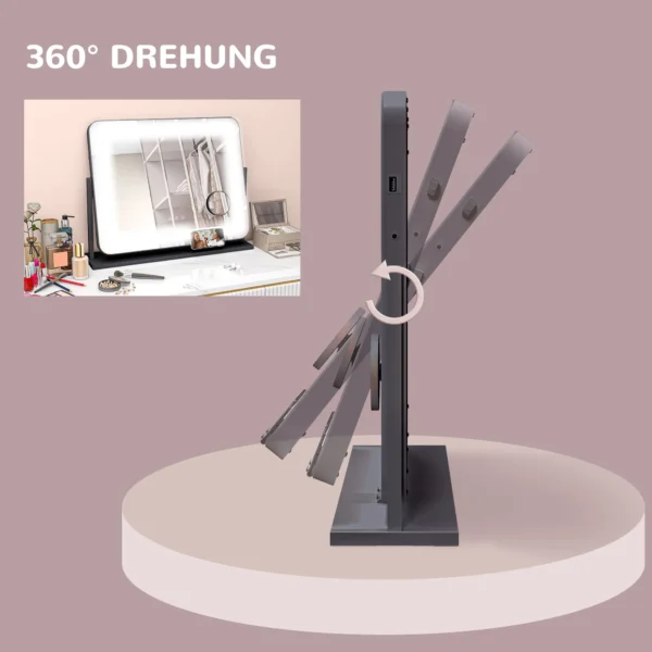 Make up spiegel met verlichting, led cosmetische spiegel met 3 lichtkleuren, tafelspiegel met 10x vergroting, mobiele telefoonhouder, usb oplaadpoort, 360° draaibaar, zwart 10