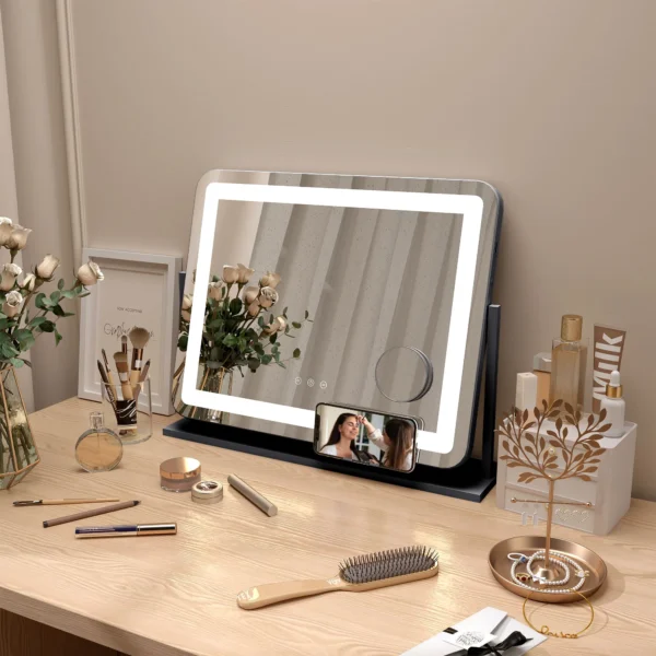 Make up spiegel met verlichting, led cosmetische spiegel met 3 lichtkleuren, tafelspiegel met 10x vergroting, mobiele telefoonhouder, usb oplaadpoort, 360° draaibaar, zwart 2