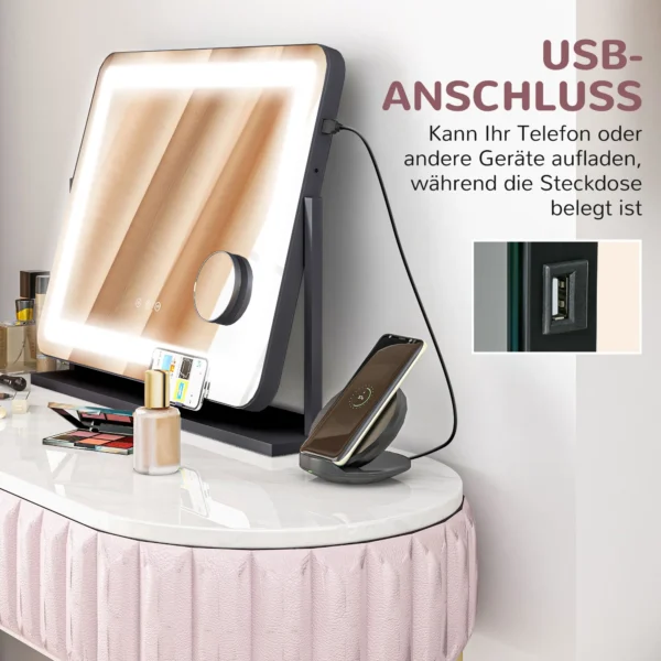 Make up spiegel met verlichting, led cosmetische spiegel met 3 lichtkleuren, tafelspiegel met 10x vergroting, mobiele telefoonhouder, usb oplaadpoort, 360° draaibaar, zwart 6