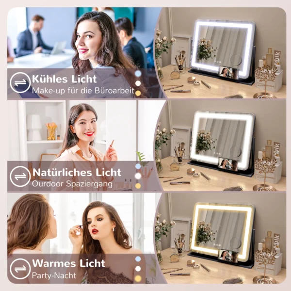 Make up spiegel met verlichting, led cosmetische spiegel met 3 lichtkleuren, tafelspiegel met 10x vergroting, mobiele telefoonhouder, usb oplaadpoort, 360° draaibaar, zwart 7