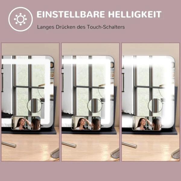 Make up spiegel met verlichting, led cosmetische spiegel met 3 lichtkleuren, tafelspiegel met 10x vergroting, mobiele telefoonhouder, usb oplaadpoort, 360° draaibaar, zwart 8