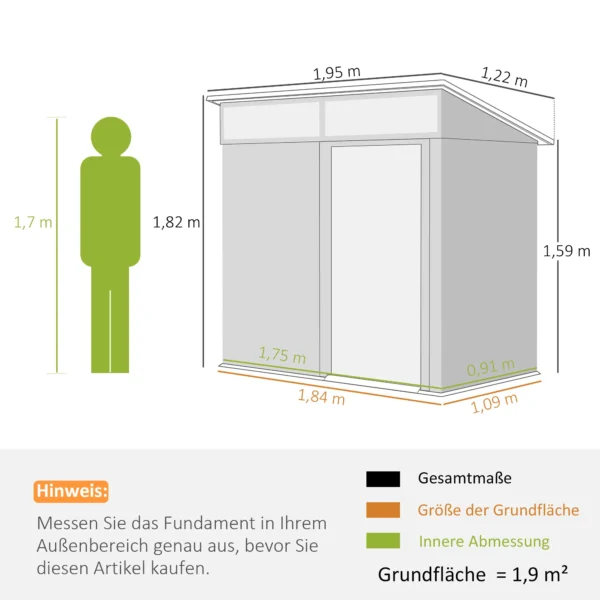 Metalen tuinhuis 1,9m² 195x122x182cm tuinschuur met fundering lessenaarsdak venster schuifdeur haken handschoenen weerbestendig tuinhuisje outdoor tuinschuur voor achtertuin tuin donkergrijs 4