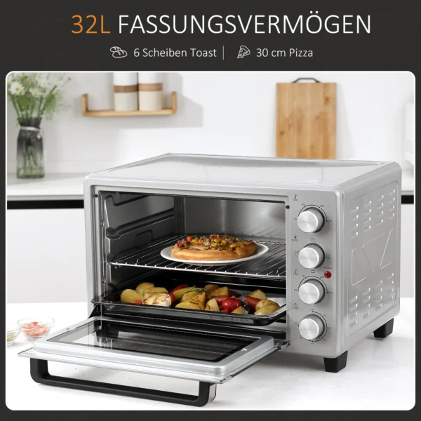 Minibackoven 32l, 1600w, elektrische oven met slakkenvanger, roestvrij staal & glas, zilver, 52,2x38,1x33,5cm 5