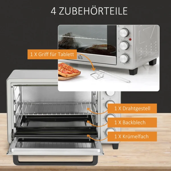 Minibackoven 32l, 1600w, elektrische oven met slakkenvanger, roestvrij staal & glas, zilver, 52,2x38,1x33,5cm 7