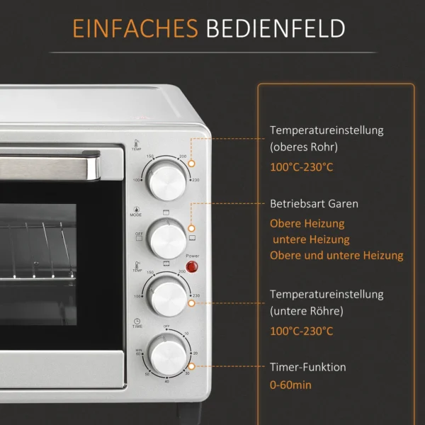 Minibackoven 32l, 1600w, elektrische oven met slakkenvanger, roestvrij staal & glas, zilver, 52,2x38,1x33,5cm 8