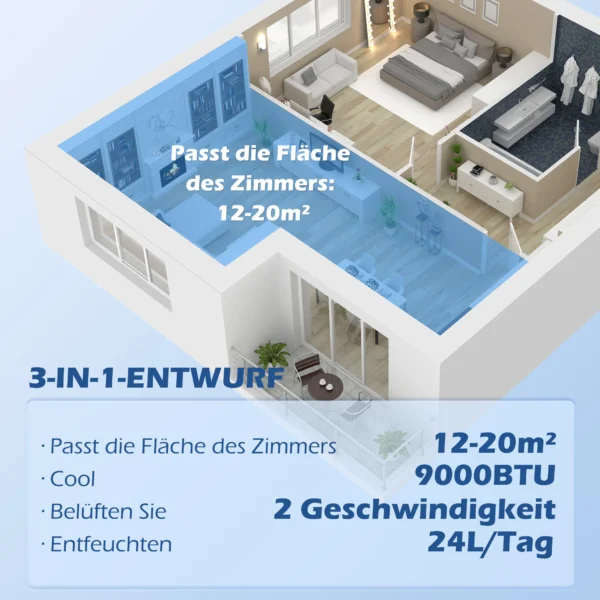 Mobiele airconditioning 3in1 koeling ventilatie ontvochtiging 9000btu led afstandsbediening timer zwart 5