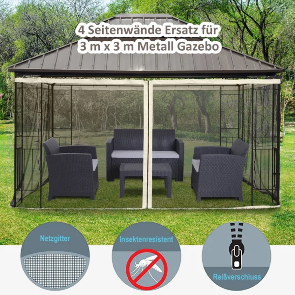 Muggennet voor 3x4 paviljoen, 4 zijpanelen, vliegennet met rits, insectenbescherming van nylon mesh, zwart 5