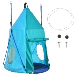 Nestschommel met tent tot 150 kg Ø100 cm tuinschommel voor kinderen met venster, lengte verstelbare touwen, waterdicht in blauwgroen 1